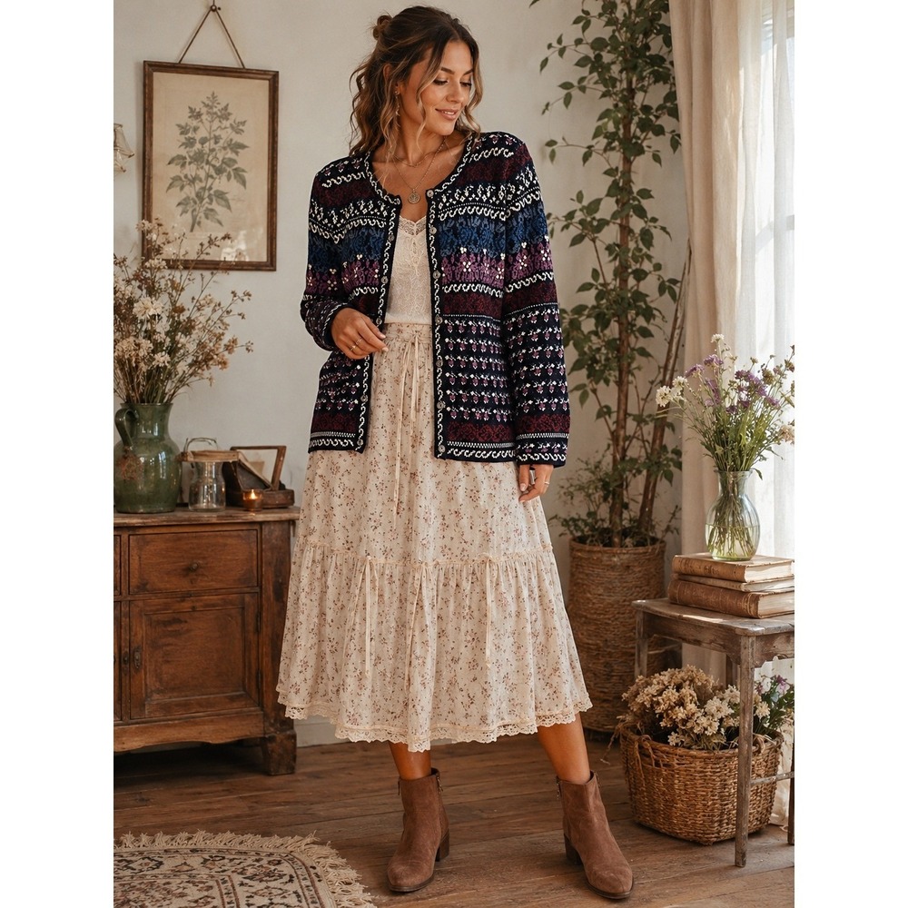 Cottagecore Boho Cozy Y2K Floral FairIsle‎ Nordic Blue Purple M Cardigan Sweater